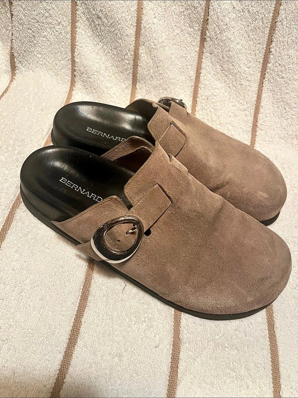 Bernardo Easton Clog Suede Buckle Mules in Brown